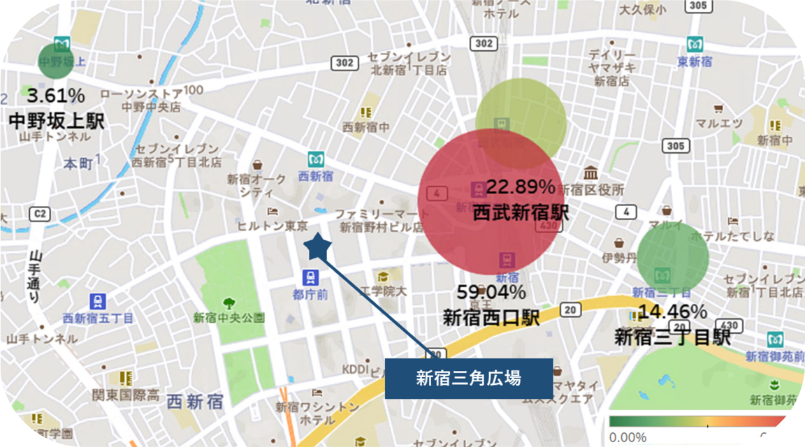 経路分析マップ：来場者の移動経路ヒートマップ